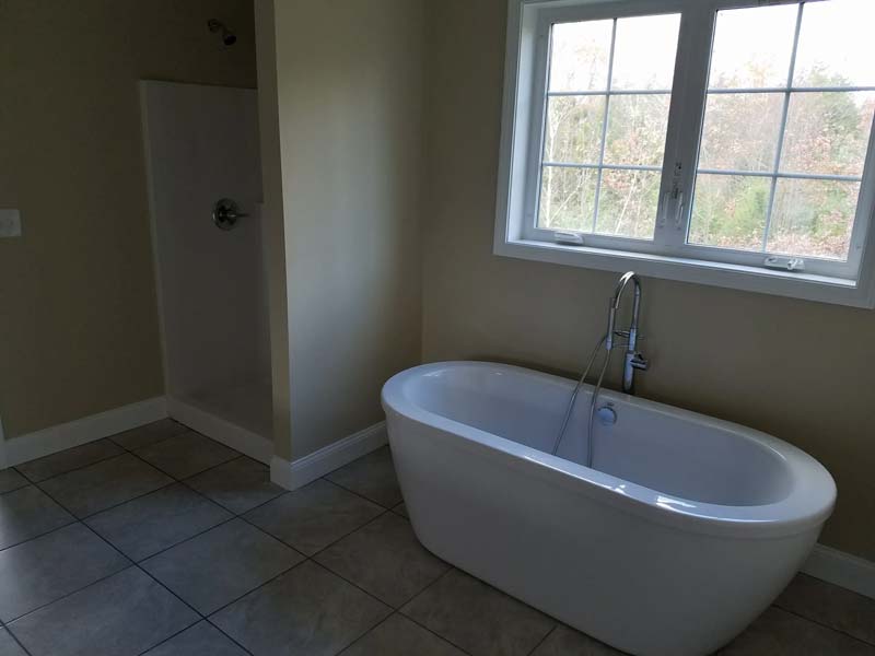 Bathtub with shower and windows